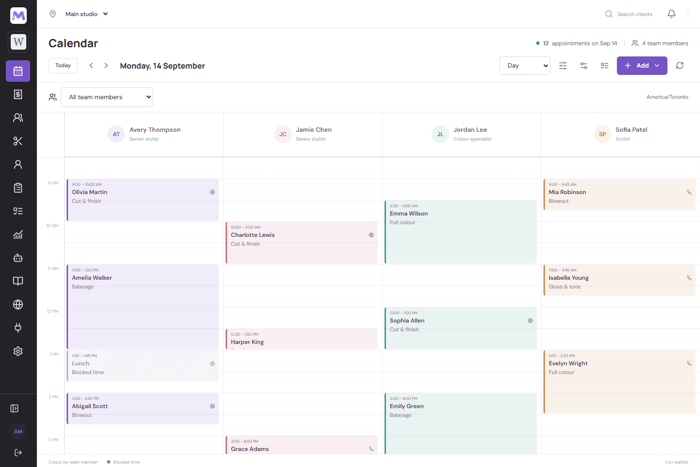 Milo calendar showing a fictional Willow Studio schedule with four team members and color-coded appointments