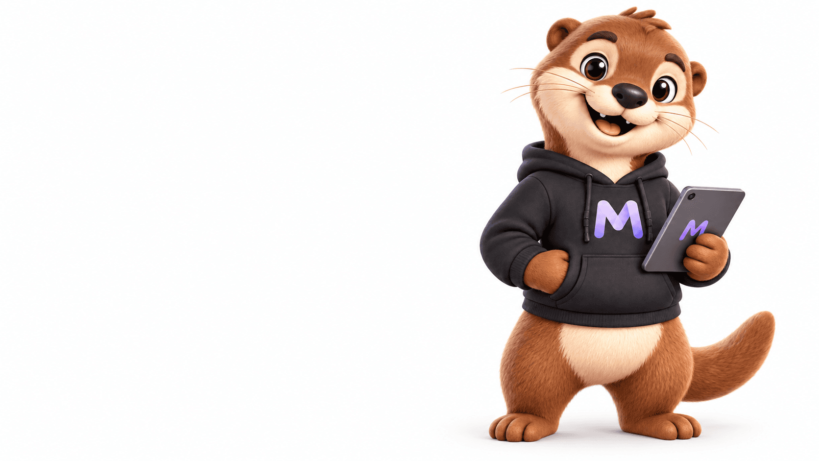 Milo, your friendly otter helper, holding a tablet
