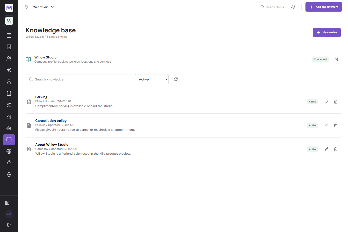 Milo knowledge base with fictional Willow Studio policies and company information